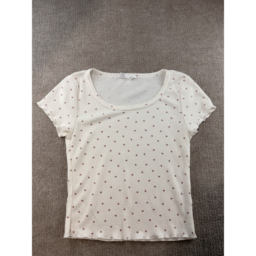 Top Sage + Stone Waffle Knit Heart Print Baby Tee Cream Womens M